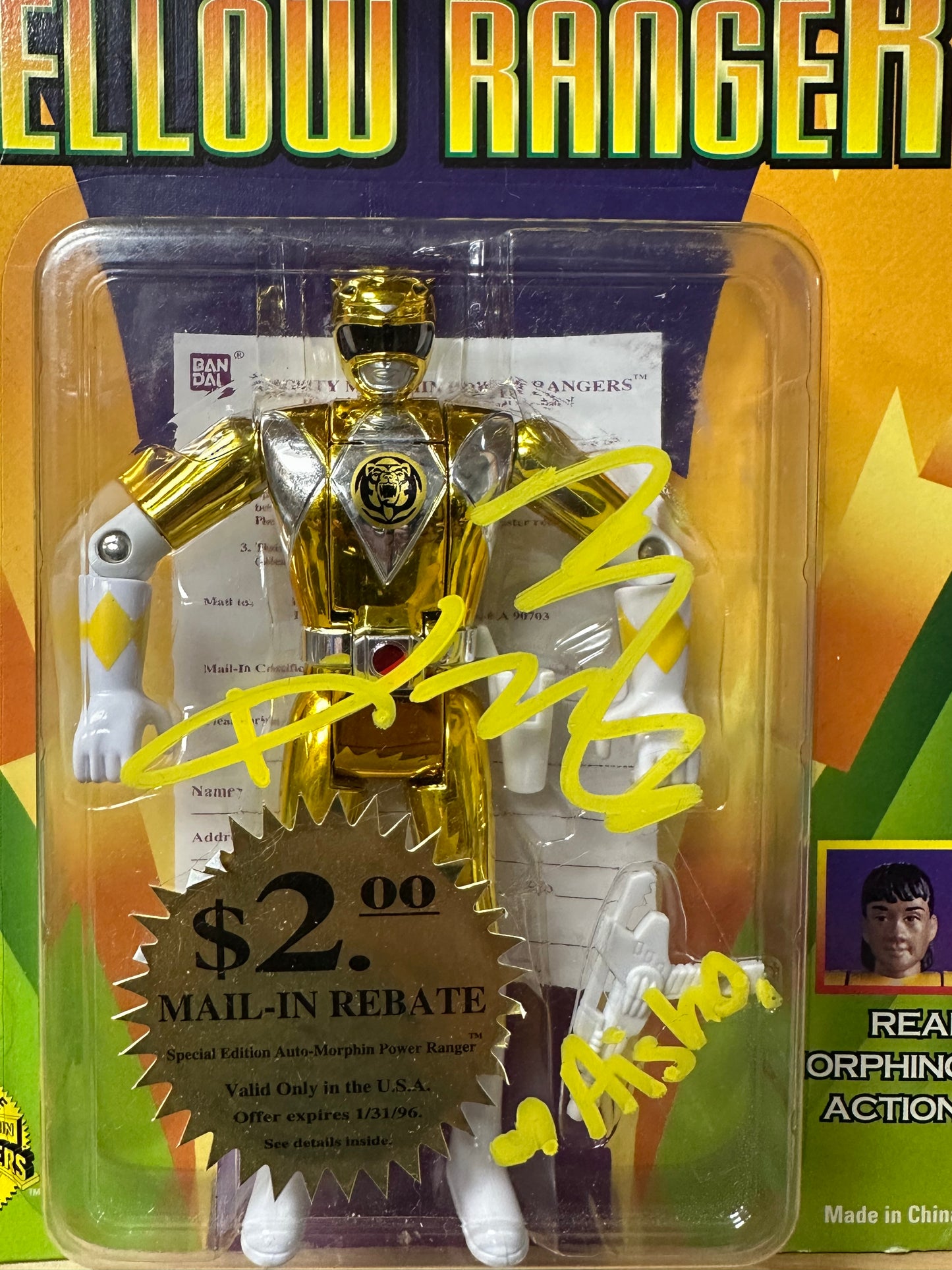 1995 MMPR Power Rangers Yellow Ranger Aisha Signed by Karan Ashley Sealed Action Figure Toy